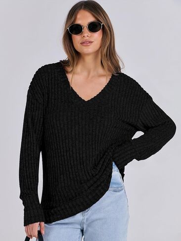 ANRABESS Womens V Neck Sweaters Long Sleeve Shirts Loose Fit Casual 2024 Fall Fashion Lightweight Pullover Tunic Tops in Saudi Arabia