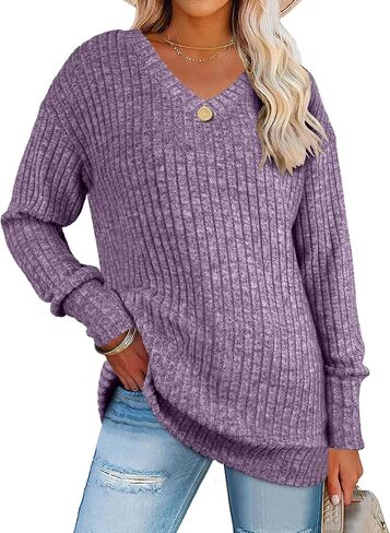 ANRABESS Womens V Neck Sweaters Long Sleeve Shirts Loose Fit Casual 2024 Fall Fashion Lightweight Pullover Tunic Tops in Saudi Arabia