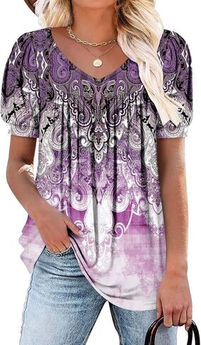 ROSELINLIN Womens Ruffle Sleeve Tunic Tops V Neck Loose Fit Short Sleeve Summer Shirts in Kuwait