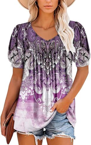ROSELINLIN Womens Ruffle Sleeve Tunic Tops V Neck Loose Fit Short Sleeve Summer Shirts in Kuwait