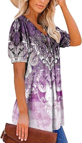 ROSELINLIN Womens Ruffle Sleeve Tunic Tops V Neck Loose Fit Short Sleeve Summer Shirts in Kuwait