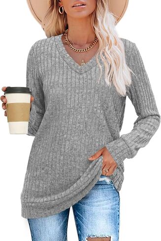 قمصان SAMPEEL برقبة على شكل V وأكمام طويلة للنساء قطع علوية للخريف غير رسمية سترات تونيك خفيفة الوزن ملابس عصرية 2024 in Kuwait