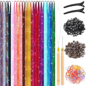 65 Pcs Hair Feathers with Hair Extension Tools, 13 Colors Long Straight Synthetic Hair Feather Extensions Kit with Microlink Beads for Women Girls Kids Daily Parties Festival