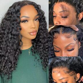 FIRIEYA 13x4 Deep Wave Lace Front Wigs Human Hair 180% Density Glueless HD Transparent Lace Frontal Human Hair Wigs Pre-Plucked with Baby Hair Natural Color (16inch, Natural Black)