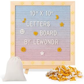 Lewondr Felt Letter Board, 10"×10" Wooden Letter Board Sign, Changeable Message Board with 20 LED Lights & 340 Letters, Pregnancy Baby Announcement Sign, First School Day Board, Colorful