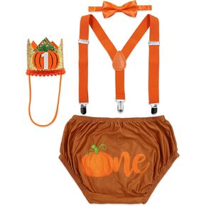 Pumpkin Baby First Birthday Cake Smash Outfit Diaper Cover Adjustable Suspender Bowtie Crown Hat Set of 4 Pumpkin Party Supplies Costume Photo Props for Fall Thanksgiving Christmas