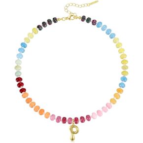 KissYan Initial Necklaces for Women, Colorful Beaded Gemstone Choker 14K Gold Bubble Letter Pendant Necklace Natural Stone Summer Beach Handmade Jewelry Gift