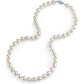 The Pearl Source 14K Gold 7.0-7.5mm Round Genuine White Japanese Akoya Saltwater Cultured Pearl Necklace in 16" Choker Length for Women