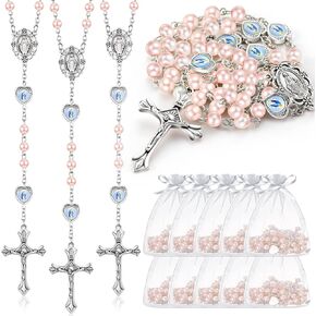 Catholic Glass Pearl Beads Rosary Necklace 6 mm Beaded Cross Necklace with Crucifix and Rosary for Women