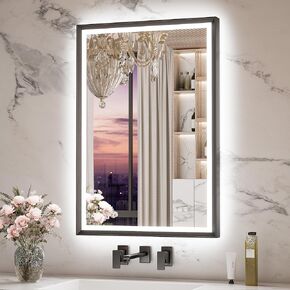 Keonjinn 42" x 36" LED Bathroom Mirror with Frontlit & Backlit, Black Metal Framed Beveled Edge Wall Mirror, Large LED Mirror with Anti Fog, Stepless 3-Color Temperature, UL-Listed LED Driver