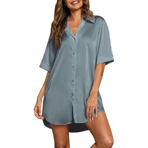 POKWAI Womens Nightgown Satin Button Down 3/4 Sleeve Sleepshirt Boyfriend Notch Collar Nightshirt Sleepwear