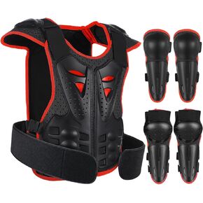 Youth Dirt Bike Gear, JUSTDOLIFE 5 PCS Motorcycle Armbor Protection Jacket, Kids Motorcycle Armor with Knee Pads Elbow Pads Chest Protector Racing,for Outdoor Sports - 4/6/8/10/12 Years (Black-Red)