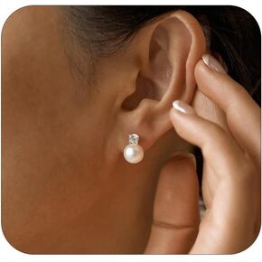 Pearl Earrings,6mm/8mm/10mm Gold/Silver Pearl Stud Earrings for Women Dainty 14K Gold CZ Diamond Earrings Trendy Hypoallergenic Wedding Earrings for Women Bridesmaid Gift