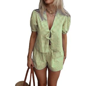Yuemengxuan Women Y2k Peplum Shirt Shorts Set Two Piece Lounge Set Pajamas Sets Puff Sleeve Tie Front Top 2pcs Outfits Set in Kuwait