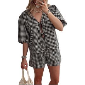 Yuemengxuan Women Y2k Peplum Shirt Shorts Set Two Piece Lounge Set Pajamas Sets Puff Sleeve Tie Front Top 2pcs Outfits Set