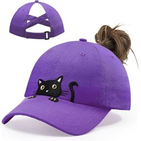 Girls Ponytail Hat Criss Cross Baseball Cap Cute Cat Embroidered Trucker Hat for Women