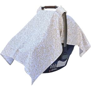 100% Organic Muslin Baby Car Seat Cover Muslin Carseat Canopy Baby Car Seat Covers for Girls (Beige Leaves)