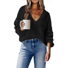 Womens Long Sleeve V Neck Sweaters Striped Knit Tops Casual Lightweight Pullover Sweater