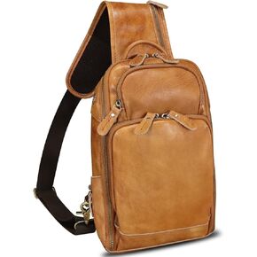 Genuine Leather Sling Bag for Men Vintage Crossbody Hiking Shoulder Bag Backpack Handmade Casual Daypack Fanny Purse (Brown)