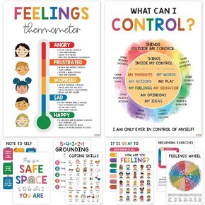 10 Mental Health Posters For Kids (10"x14") Therapy Office Decor, Feeling Wheel Poster, What Can I Control, Emotions Chart Kids Inspirational Wall Art, Classroom School Counselor Psychologist Decor