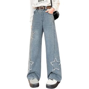 OYOANGLE Girl's Ripped Pattern Straight Leg Jeans Elastic High Waist Y2K Denim Pants with Pocket
