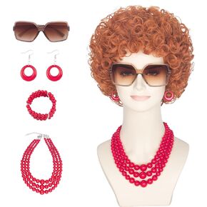 Women Rope Short Curly Red Brown Wig and Glasses Orange Jewelry Set Party Cosplay Wig