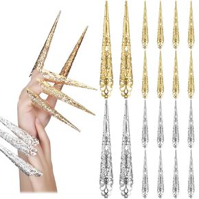 Leelosp 20 Packs halloween Finger Nail Claw Rings Ancient Queen Fingernail Claw Metal Finger Knuckle Claw for Halloween Women Cosplay Costume Drama Dance Show (Gold), 1.0 Count