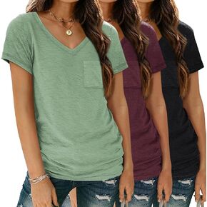 3 Pack Womens V Neck T Shirts Short Sleeve Tees Lightweight Summer Tops with Pocket