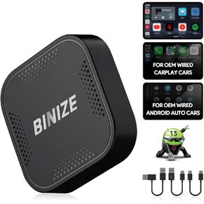 BINIZE Android 13 CarPlay AI Box with Netflix Youtube, 8+128G, Streaming Wireless CarPlay Android Auto to Your Car, 8 Core/4G Cellular/5G WiFi/Dual BT, Android 13 Box for Cars with OEM Wired CarPlay
