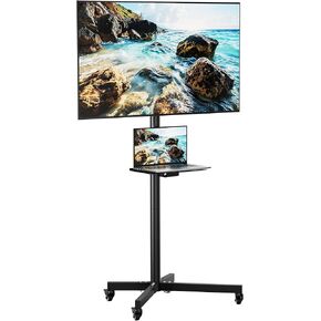 حامل تلفزيون دوار لشاشات تلفزيون LCD مسطحة/منحنية مقاس 26-55 بوصة، وحامل تلفزيون متنقل مع عجلات ورف للوسائط. عربة تلفزيون بزاوية قابلة للتعديل مع عجلات قابلة للقفل، بحد أقصى 400 × 400 مم in Kuwait