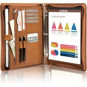 AZXCG Leather Binder Portfolio, 3 Ring Binder 1 inch, Professional Resume Zippered Padfolio for 13.5" Tablet, Business Organizer Folder with a4 Clipboard/Notepad, Gift for Men/Women, Red
