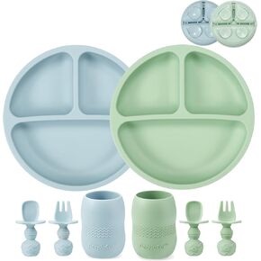 PandaEar Silicone Baby Feeding Set| 2 Pack Silicone Divided Suction Plate and 2 Pack Tiny Cup with 2 Spoons 2 Forks| Baby Led Weaning Supplies Self Feeding Eating Utensils (Blue/Green)
