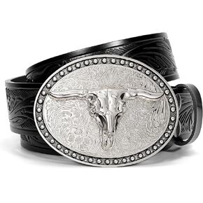 SANSTHS Western Belt Cowboy Belts for Men Women, Western Leather Belts Bull Buckle Belt Embossed Leather Belt for Jeans