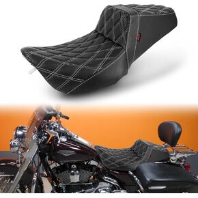 One-Piece Rider Passenger Seat Lower Bucket Seat Silicone Cushion Diamond Pattern Fit for Harley Road King FLHR 1997-2007 Street Glide FLHX 2006-2007 (White Stitching,Diamond Pattern)