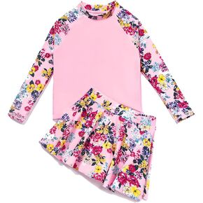 Julysand Girls Rash Guard Sets Pink Flowers Modest Swimwear Long Sleeve Two Pieces Swimsuit Dress UV Sun Protection Suit