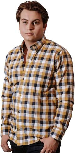 ELIAS Utopia Plaid Button Down Shirt for Men, Long Sleeve Cotton Blue, White and Yellow Casual Dress Shirts in Saudi Arabia