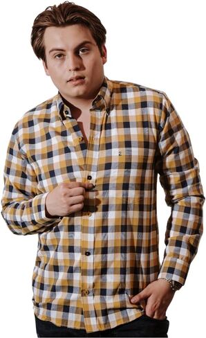 ELIAS Utopia Plaid Button Down Shirt for Men, Long Sleeve Cotton Blue, White and Yellow Casual Dress Shirts in Saudi Arabia