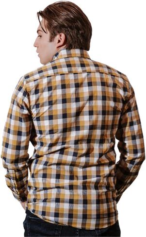 ELIAS Utopia Plaid Button Down Shirt for Men, Long Sleeve Cotton Blue, White and Yellow Casual Dress Shirts in Saudi Arabia