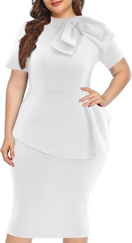 Plus Size Dress for Curvy Women Semi Formal Cocktail Party Midi Dress Bodycon Short Sleeve Bow Ruffle Pencil Dresses in Kuwait