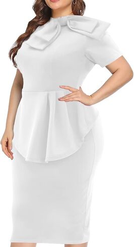 Plus Size Dress for Curvy Women Semi Formal Cocktail Party Midi Dress Bodycon Short Sleeve Bow Ruffle Pencil Dresses in Kuwait