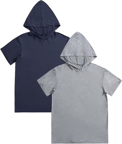 Esenchel Men's 2 Pack Hooded Pajama Top Short Sleeve Sleep Shirt in Saudi Arabia