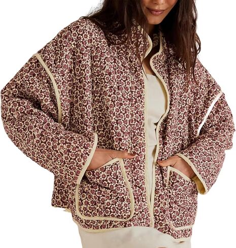 Women's Cropped Puffer Jacket Floral Print Quilted Puffer Jackets Open Front Lightweight Short Jacket Trendy in Kuwait