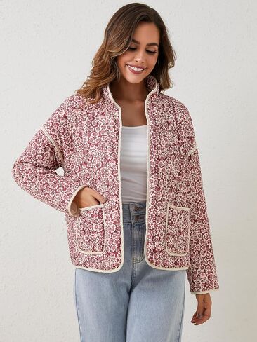 Women's Cropped Puffer Jacket Floral Print Quilted Puffer Jackets Open Front Lightweight Short Jacket Trendy in Kuwait