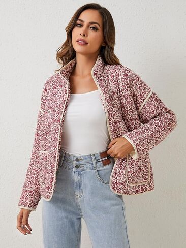 Women's Cropped Puffer Jacket Floral Print Quilted Puffer Jackets Open Front Lightweight Short Jacket Trendy in Kuwait