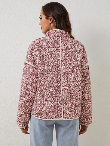 Women's Cropped Puffer Jacket Floral Print Quilted Puffer Jackets Open Front Lightweight Short Jacket Trendy in Kuwait