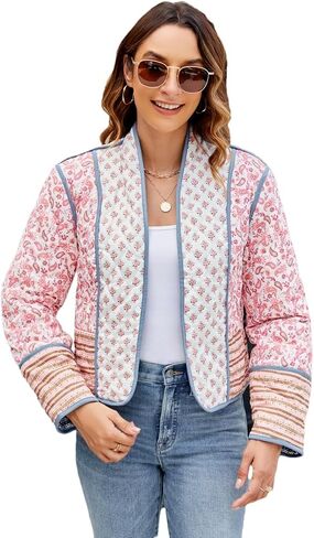 Women's Cropped Floral Quilted Jacket Lightweight Open Front Padded Puffer Coat in Saudi Arabia