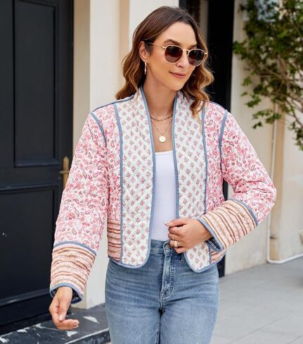 Women's Cropped Floral Quilted Jacket Lightweight Open Front Padded Puffer Coat in Saudi Arabia
