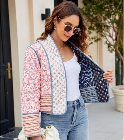 Women's Cropped Floral Quilted Jacket Lightweight Open Front Padded Puffer Coat in Saudi Arabia