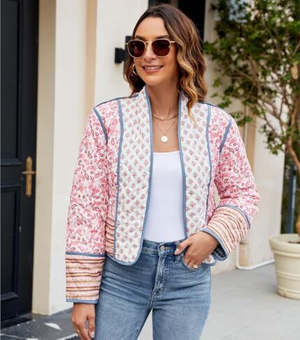 Women's Cropped Floral Quilted Jacket Lightweight Open Front Padded Puffer Coat in Saudi Arabia