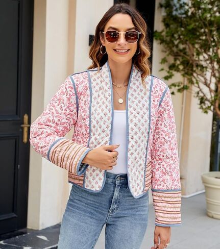 Women's Cropped Floral Quilted Jacket Lightweight Open Front Padded Puffer Coat in Saudi Arabia